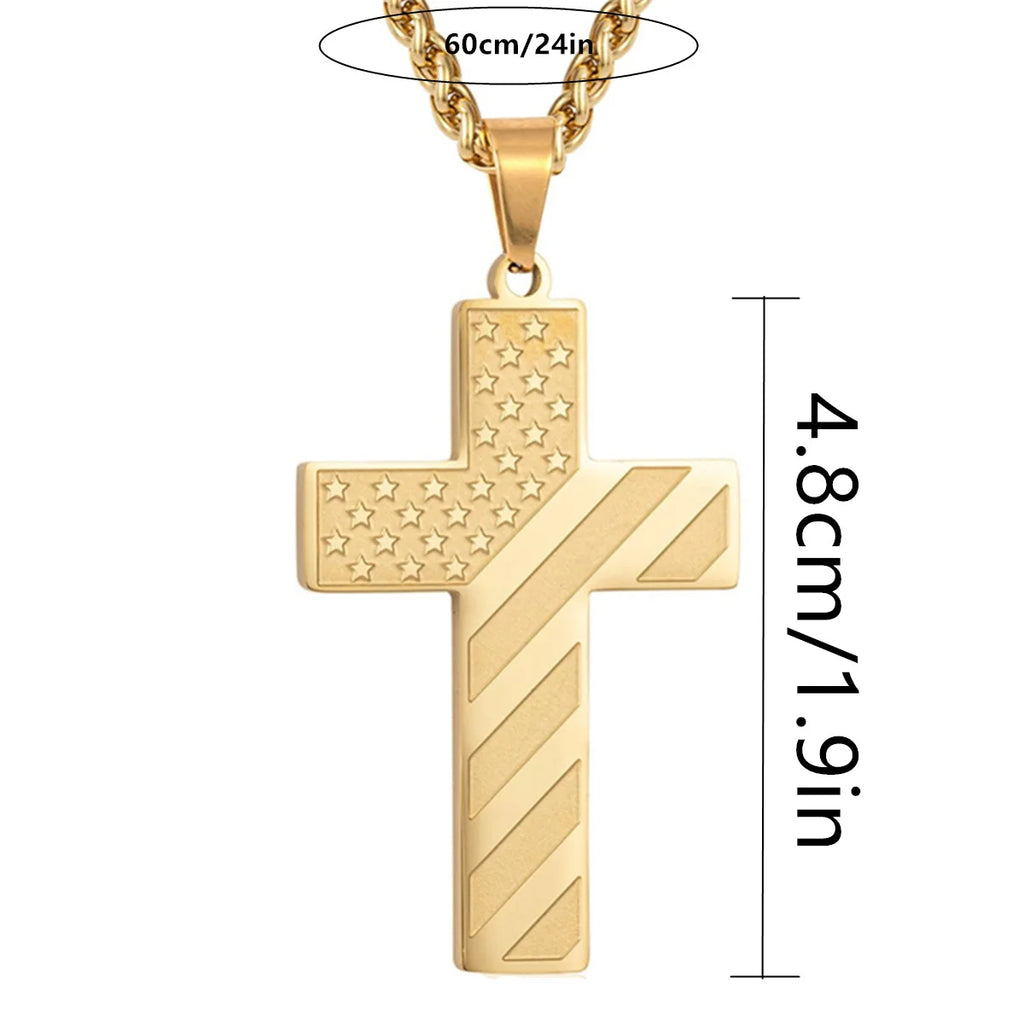 American Flag Cross Necklace for Men �?Stainless Steel Christian Patriotic Jewelry