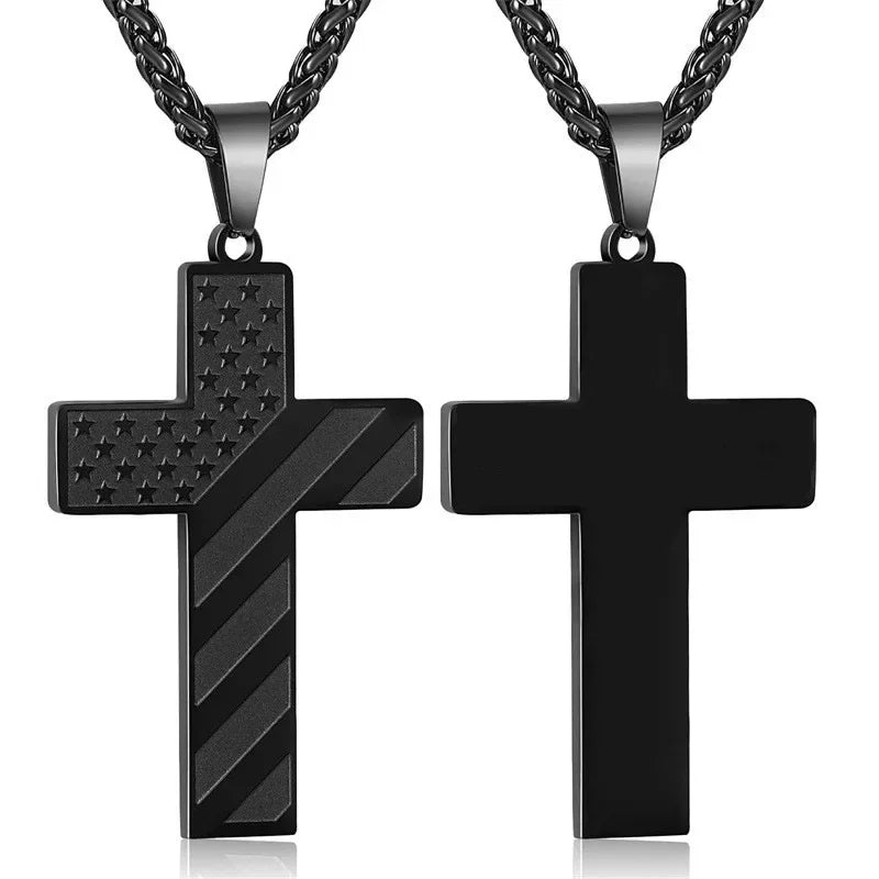 American Flag Cross Necklace for Men �?Stainless Steel Christian Patriotic Jewelry