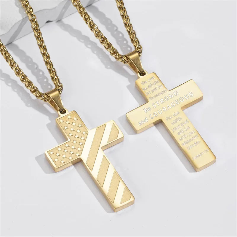 American Flag Cross Necklace for Men �?Stainless Steel Christian Patriotic Jewelry