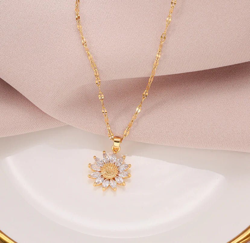 14K Gold Stainless Steel Sunflower CZ Pendant Necklace 16-18" Chain Women AG