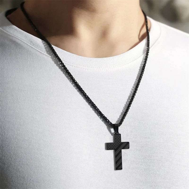 American Flag Cross Necklace for Men �?Stainless Steel Christian Patriotic Jewelry