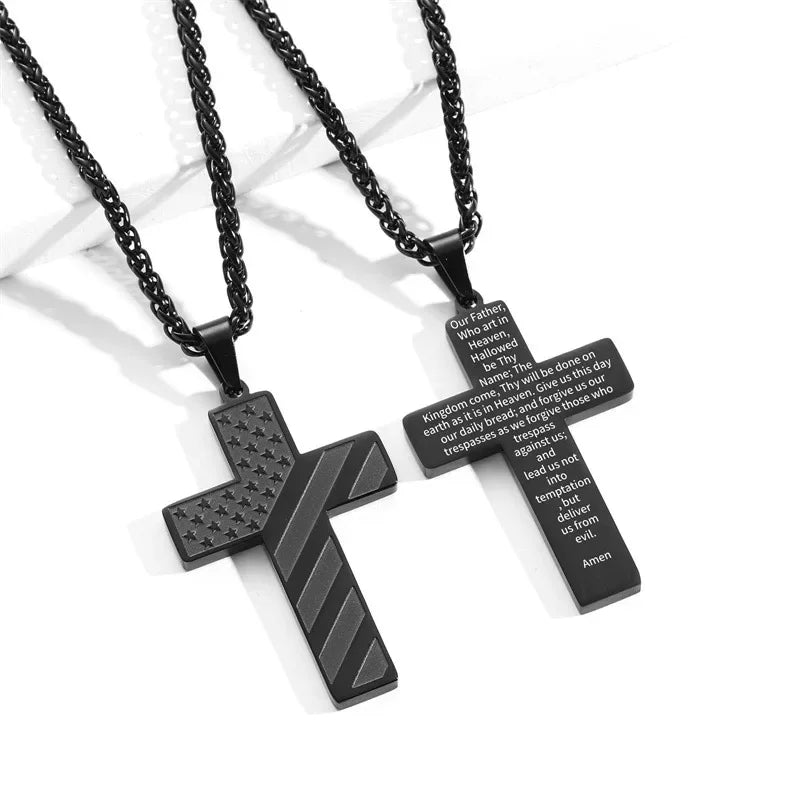 American Flag Cross Necklace for Men �?Stainless Steel Christian Patriotic Jewelry