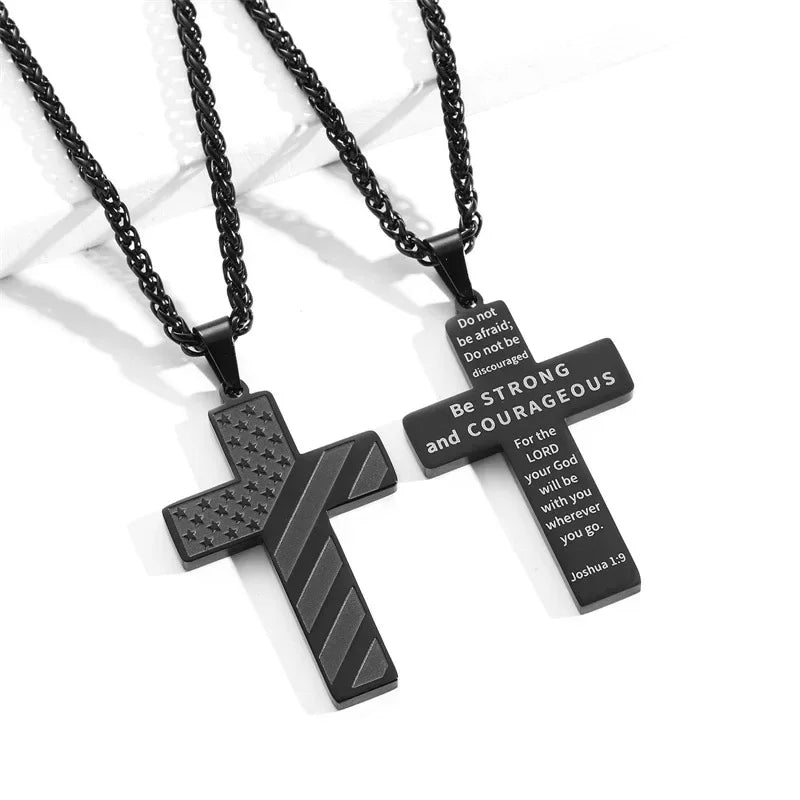 American Flag Cross Necklace for Men �?Stainless Steel Christian Patriotic Jewelry