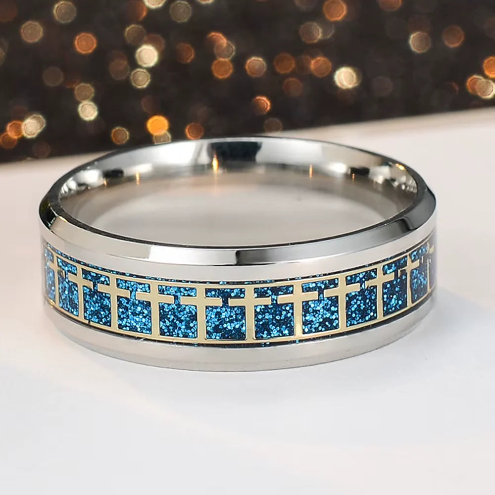 Men'S Bible Cross Ring 5 Colors to Choose Stainless Steel Fashion Prayer Men'S Jewelry US Size #6-#12