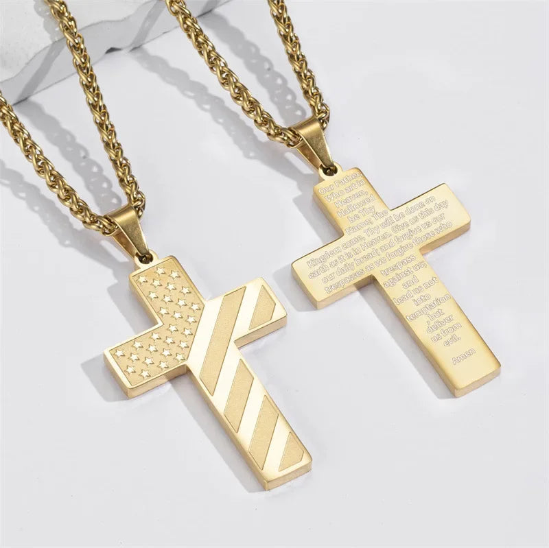 American Flag Cross Necklace for Men �?Stainless Steel Christian Patriotic Jewelry