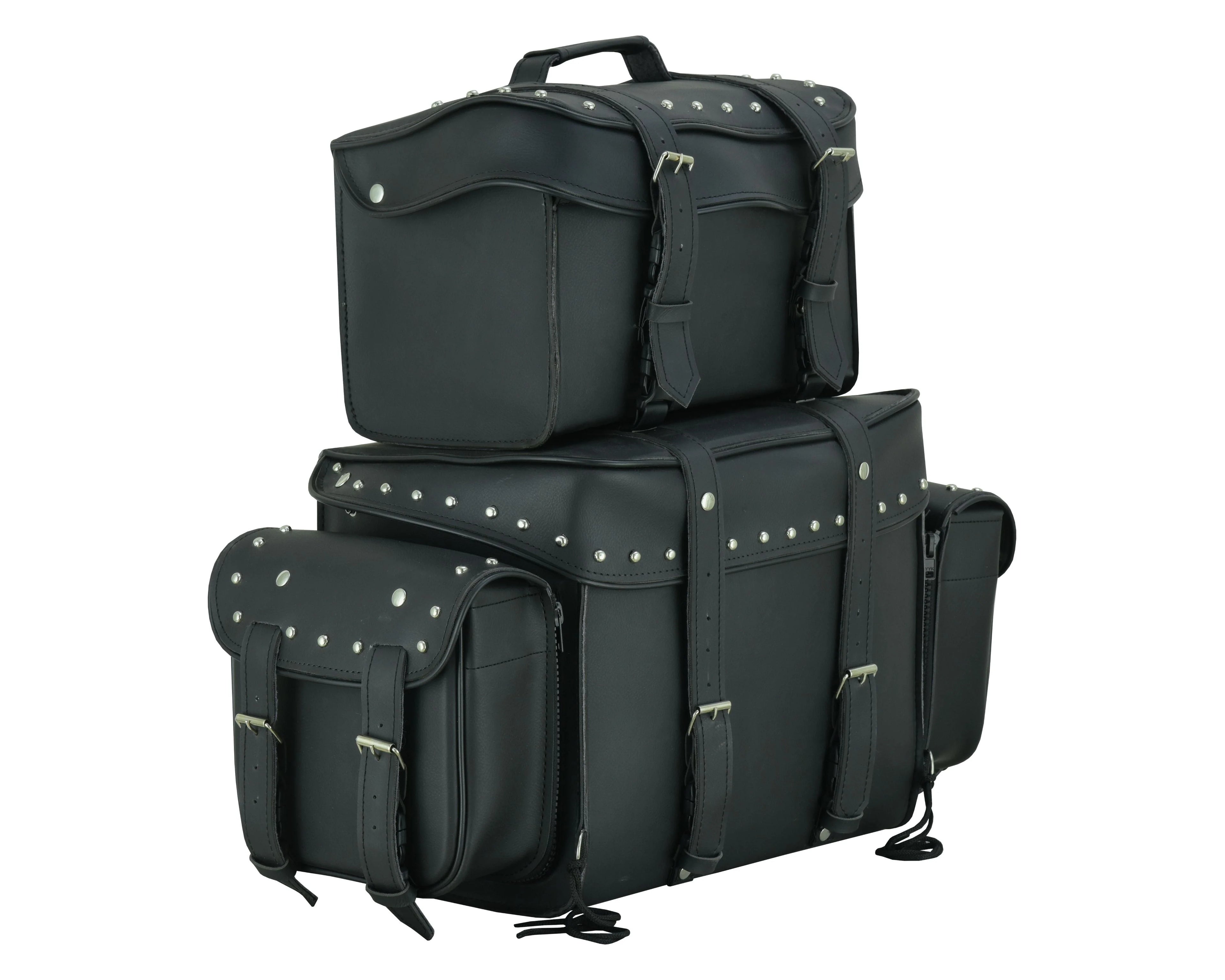 Leather Black PVC Large 4 Piece Motorcycle Touring Tail Bag wi
