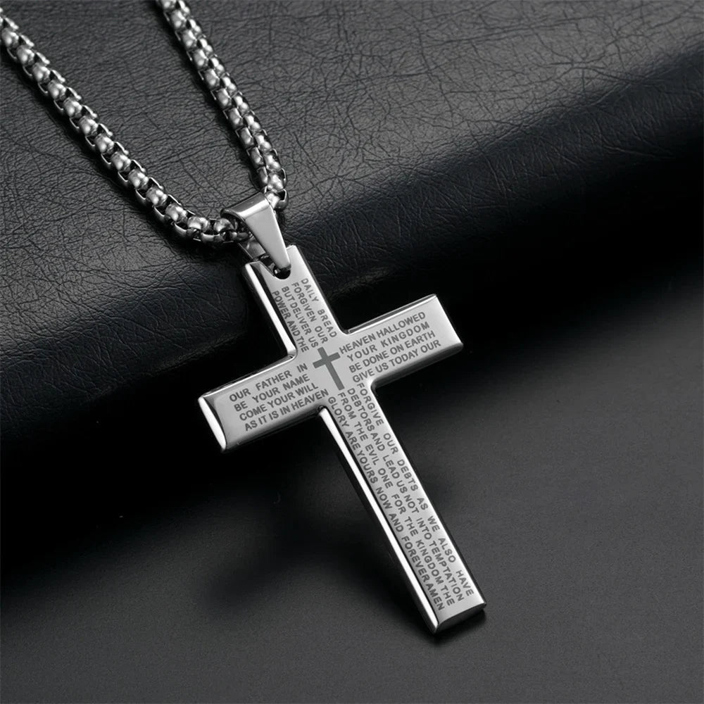 Fashion Bible Jesus Cross Pendant Necklace Hip Hop Men Stainless Steel Pendant Necklace for Women Retro Religious Prayer Jewelry