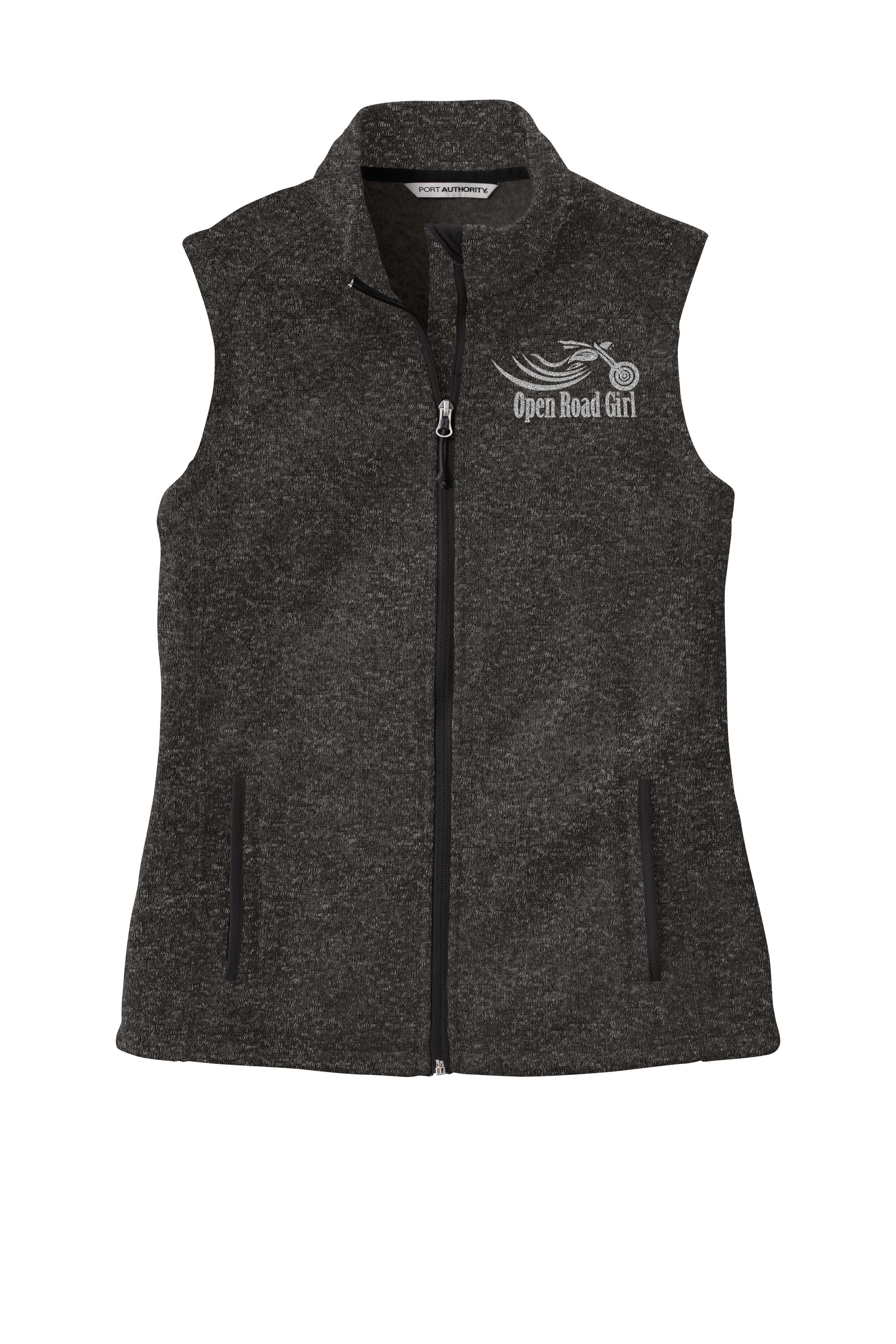 BLACK HEATHER Open Road Girl Sweater Fleece Vest- Choose your logo COLOR!