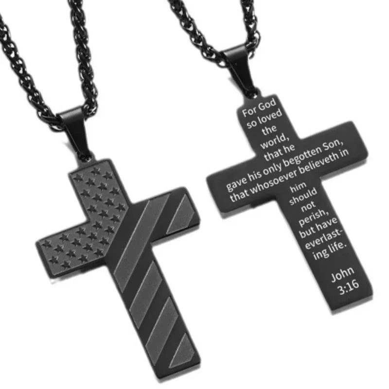 American Flag Cross Necklace for Men �?Stainless Steel Christian Patriotic Jewelry