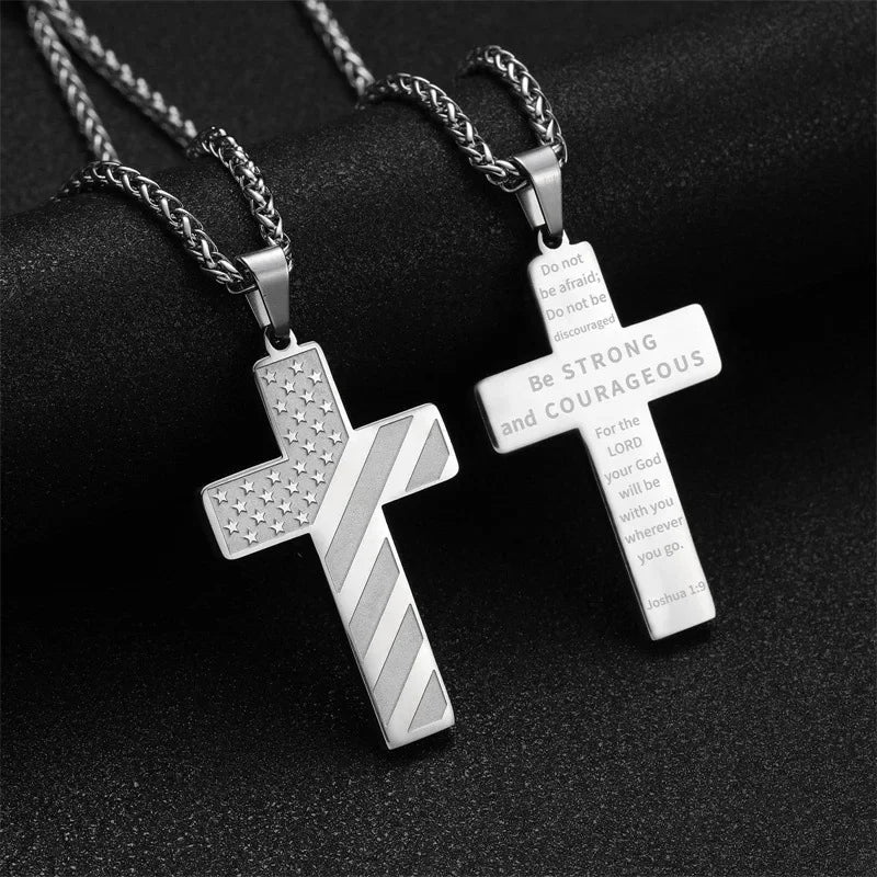 American Flag Cross Necklace for Men �?Stainless Steel Christian Patriotic Jewelry