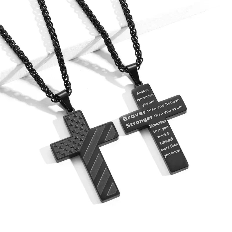 American Flag Cross Necklace for Men �?Stainless Steel Christian Patriotic Jewelry