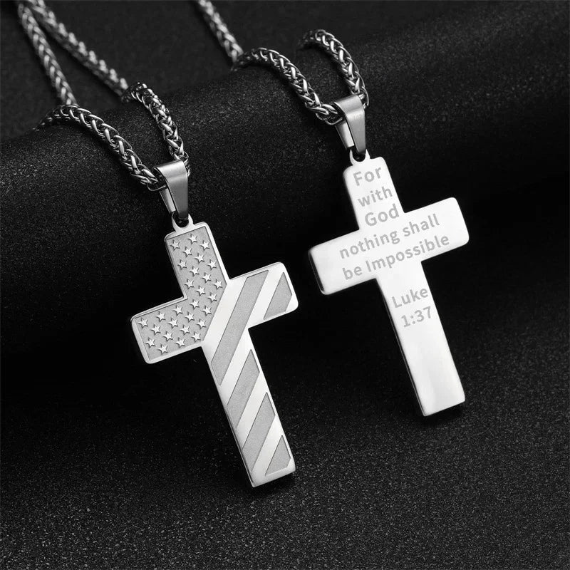 American Flag Cross Necklace for Men �?Stainless Steel Christian Patriotic Jewelry