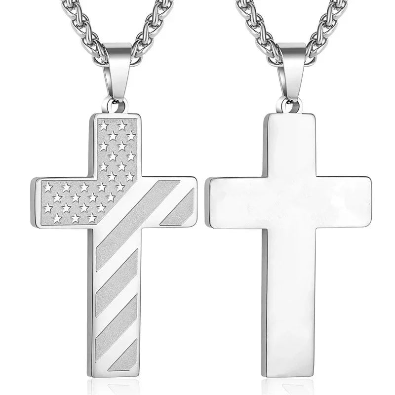 American Flag Cross Necklace for Men �?Stainless Steel Christian Patriotic Jewelry