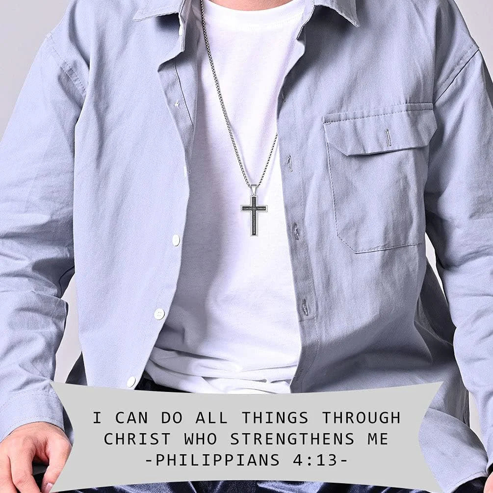 Cross Necklace for Men, Philippians 4:13 Christian Cross Stainless Steel Necklaces for Men