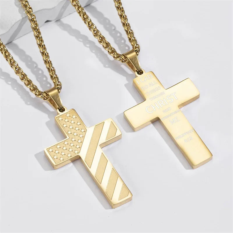 American Flag Cross Necklace for Men �?Stainless Steel Christian Patriotic Jewelry