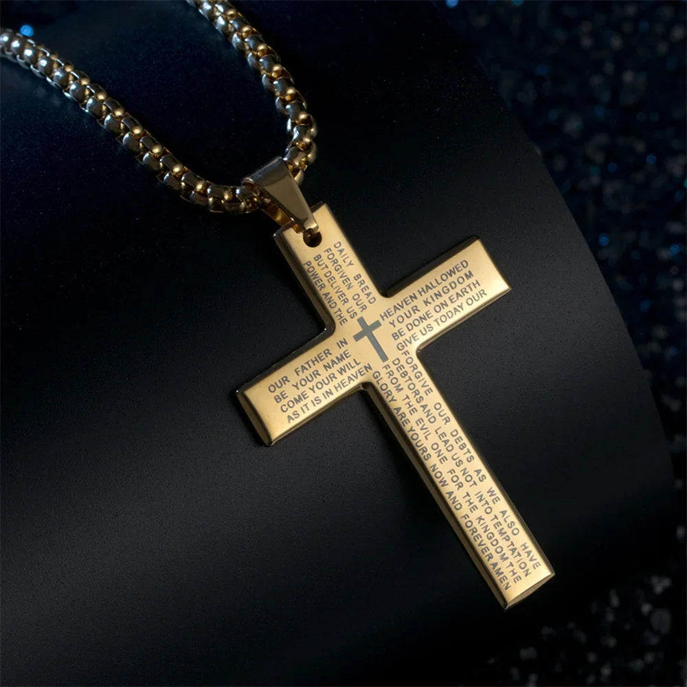 Fashion Bible Jesus Cross Pendant Necklace Hip Hop Men Stainless Steel Pendant Necklace for Women Retro Religious Prayer Jewelry