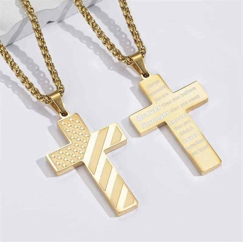 American Flag Cross Necklace for Men �?Stainless Steel Christian Patriotic Jewelry