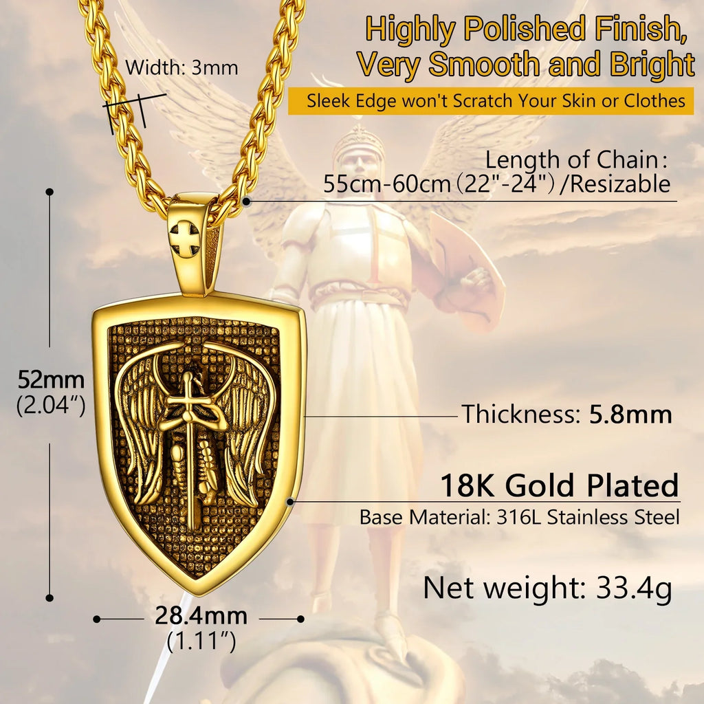Shield Pendant Amulet Necklace for Mens Saint Michael the Archangel Pendant Gold Plated Catholic Stainless Steel Jewelry for Son Father