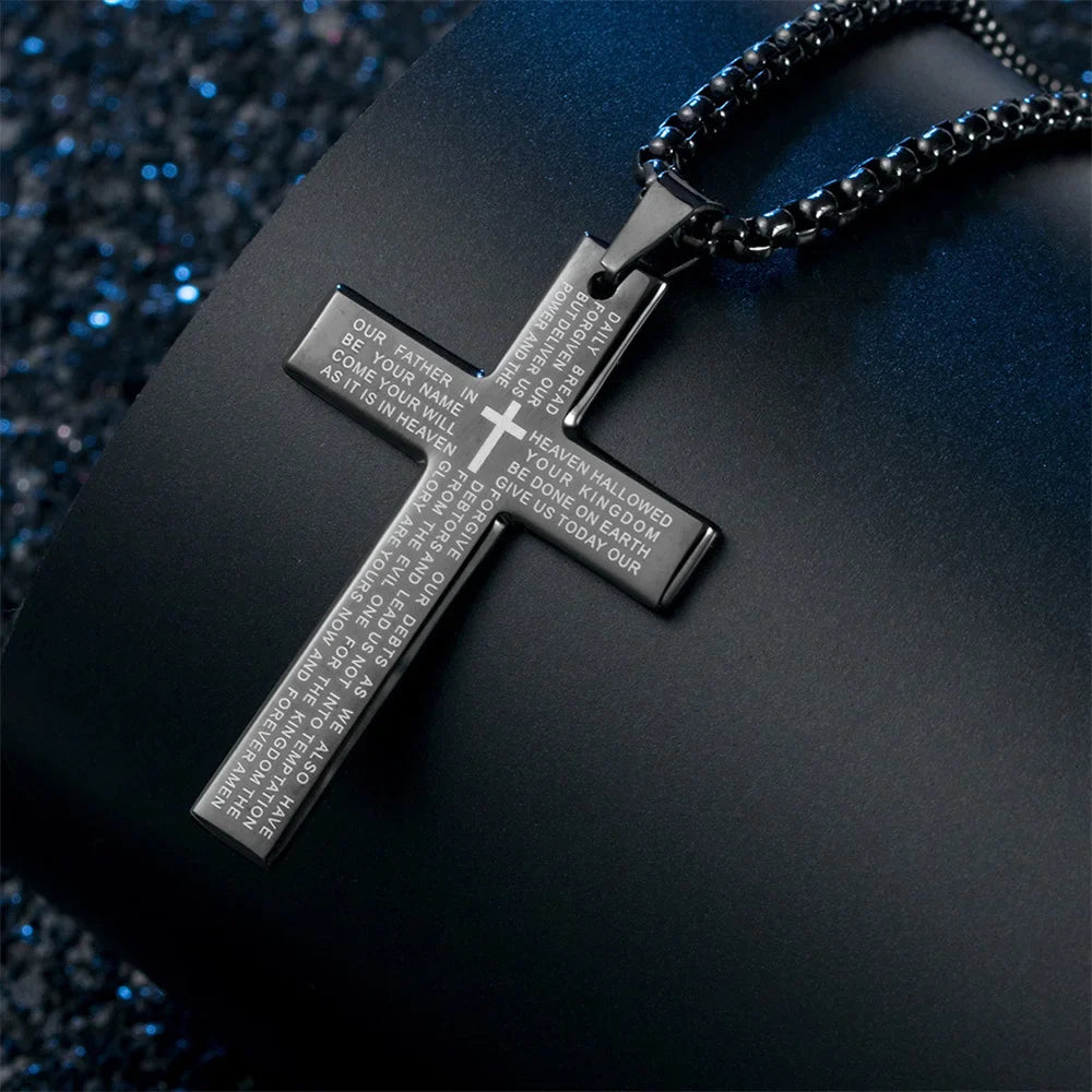 Fashion Bible Jesus Cross Pendant Necklace Hip Hop Men Stainless Steel Pendant Necklace for Women Retro Religious Prayer Jewelry