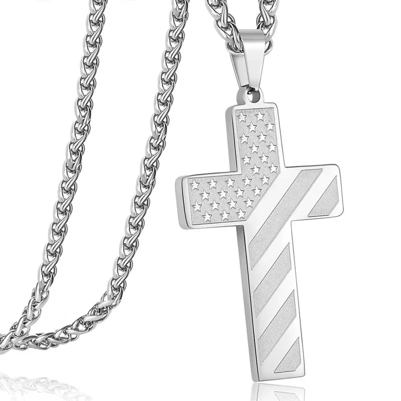 American Flag Cross Necklace for Men �?Stainless Steel Christian Patriotic Jewelry