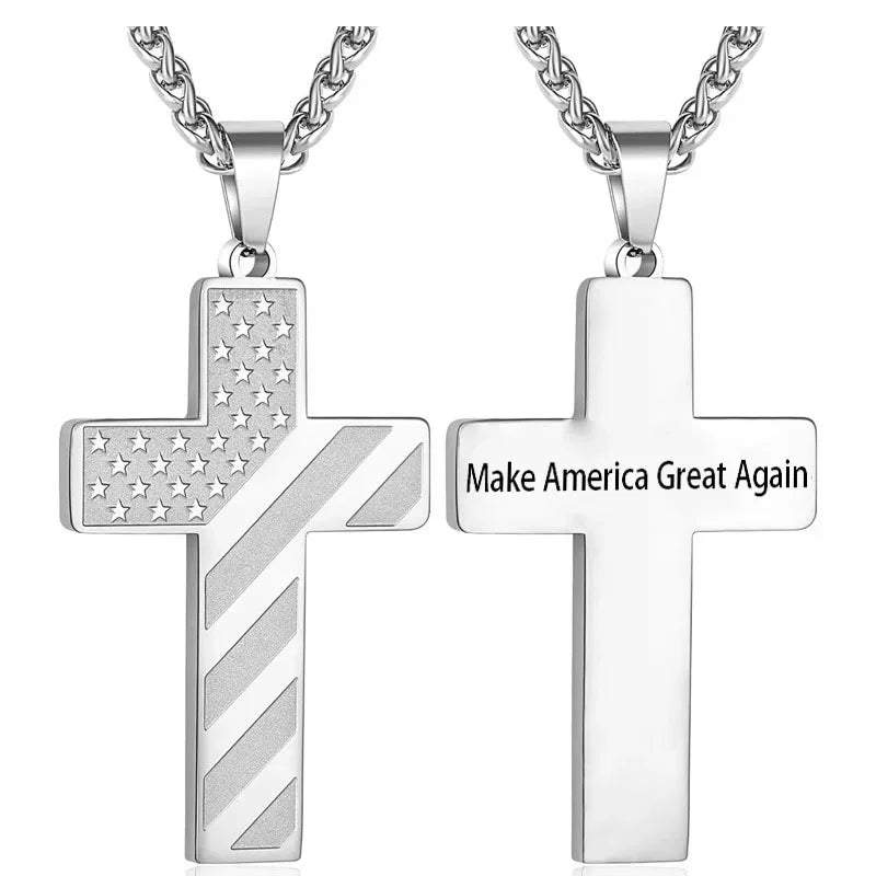 American Flag Cross Necklace for Men �?Stainless Steel Christian Patriotic Jewelry