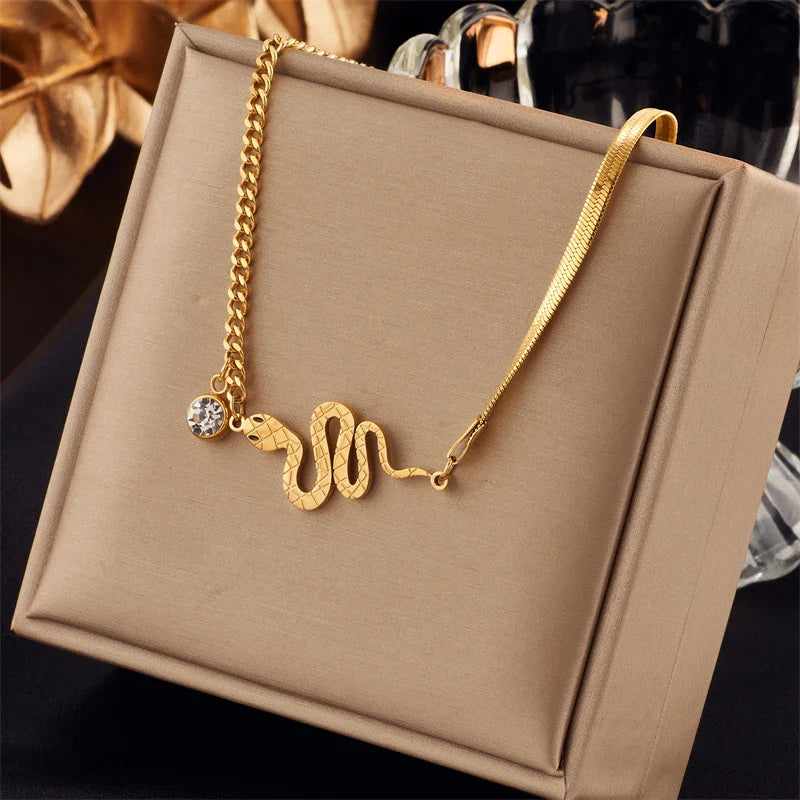 316L Stainless Steel Gold Color Crystal Necklace for Women Punk Street Trend Snake Chain Choker Girls Jewelry Gifts