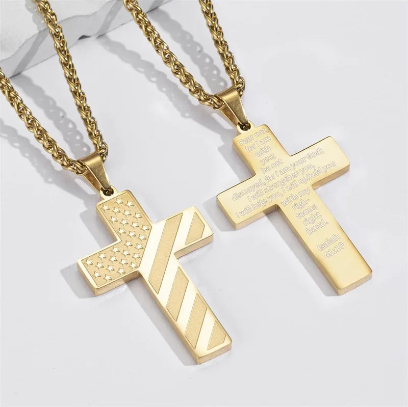 American Flag Cross Necklace for Men �?Stainless Steel Christian Patriotic Jewelry
