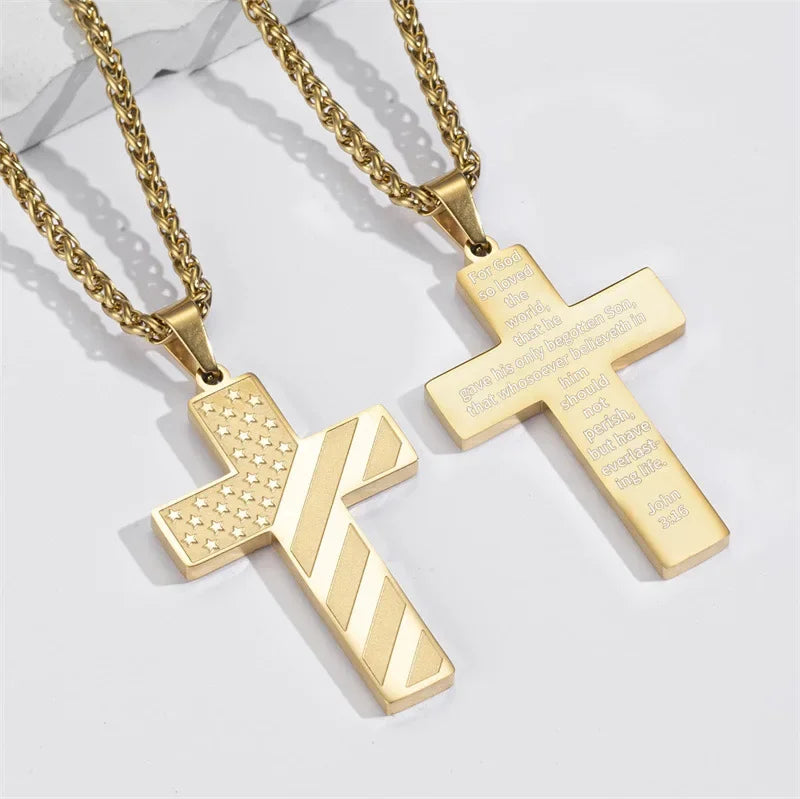 American Flag Cross Necklace for Men �?Stainless Steel Christian Patriotic Jewelry