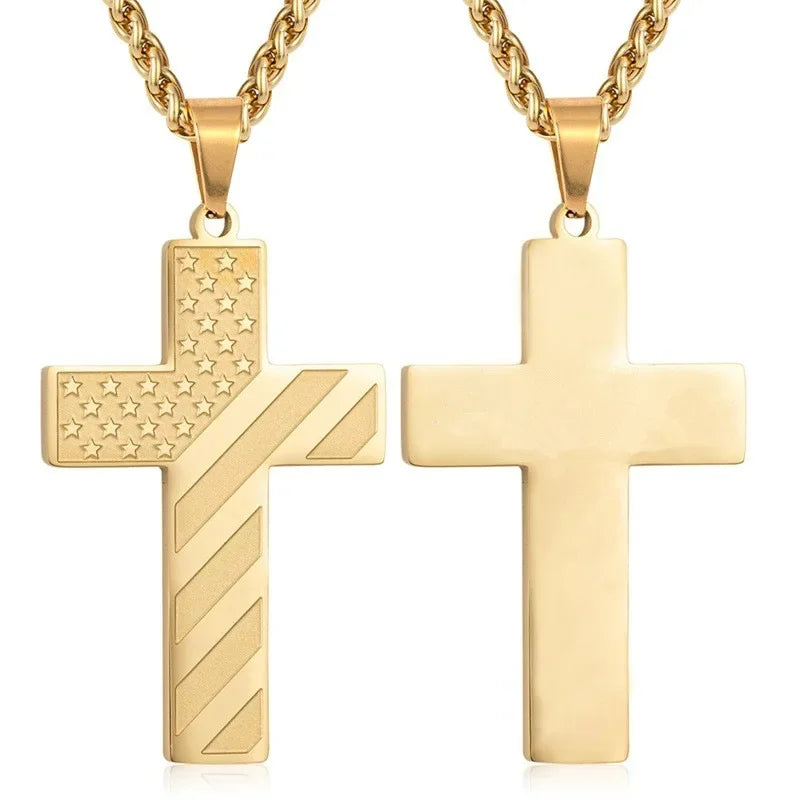 American Flag Cross Necklace for Men �?Stainless Steel Christian Patriotic Jewelry