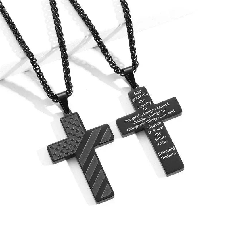 American Flag Cross Necklace for Men �?Stainless Steel Christian Patriotic Jewelry